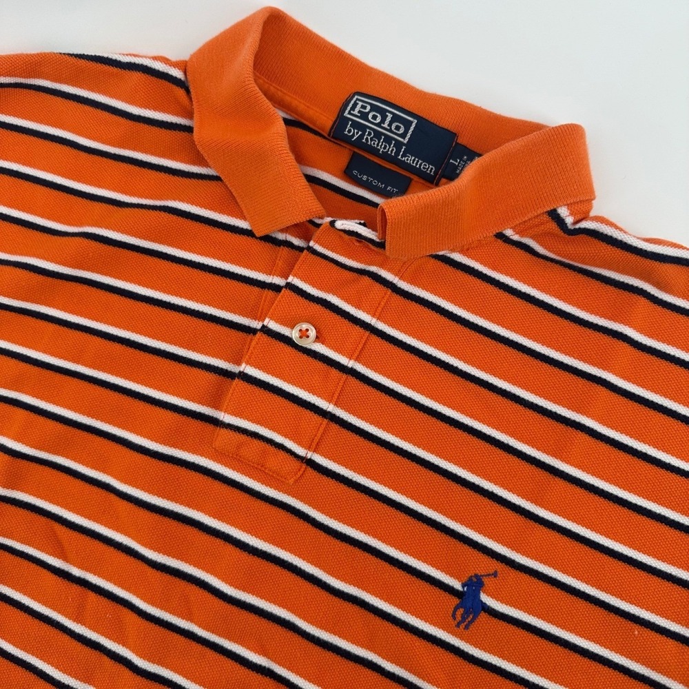 Polo Ralph Lauren Shirt Mens L Orange Striped Custom Fit Cotton Short Sleeve